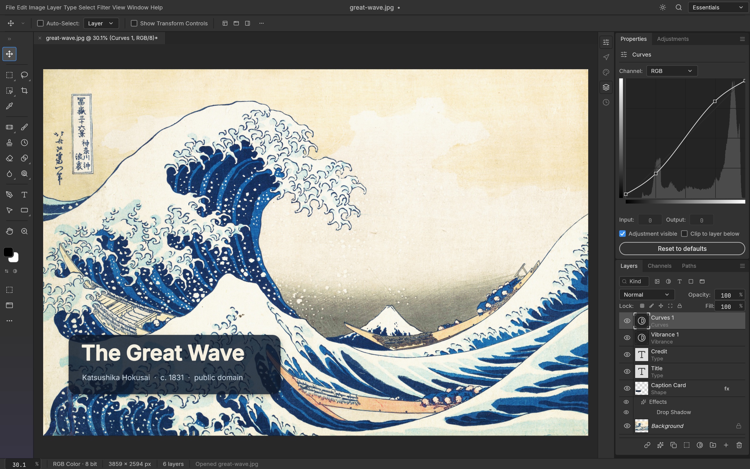 PhotoCraft interface editing Hokusai’s The Great Wave, with Curves controls and layers visible.